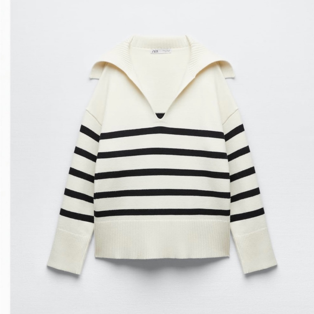 ZARA Striped Knit Sweater Ecru Blue BNWT